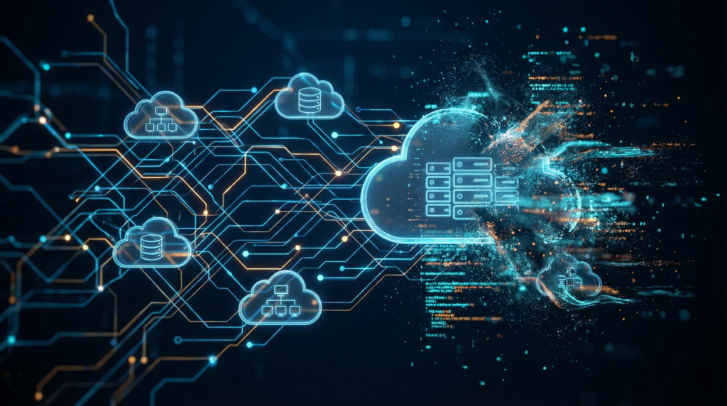 AI-generated visualization of cloud infrastructure being dissolved by code, representing the AWS AI nuke incident.